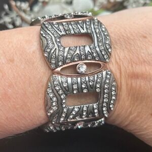 Vintage Art Deco Rhinestone Stretch Bracelet Gunmetal Silver Glam‎ Cocktail